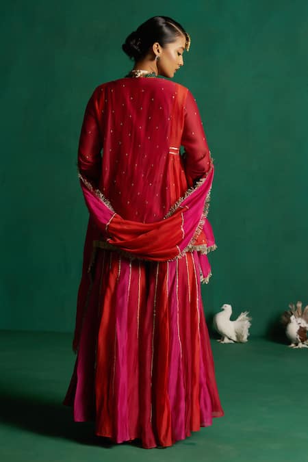 Hirika & Dhruti Red Silk, Chiffon Embroidery, Two Tone Pichwai Patchwork Kurta Sharara Set Online at Aza Fashions Hirika & Dhruti_Red Silk, Chiffon Embroidery, Two Tone Pichwai Patchwork Kurta Sharara Set _Online_at_Aza_Fashions