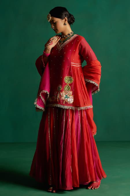 Buy Hirika & Dhruti Red Silk, Chiffon Embroidery, Two Tone Pichwai Patchwork Kurta Sharara Set Online at Aza Fashions Buy_Hirika & Dhruti_Red Silk, Chiffon Embroidery, Two Tone Pichwai Patchwork Kurta Sharara Set _Online_at_Aza_Fashions