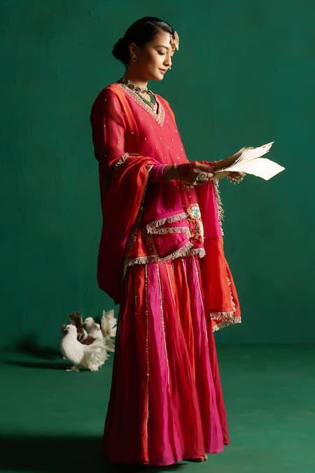 Shop Hirika & Dhruti Red Silk, Chiffon Embroidery, Two Tone Pichwai Patchwork Kurta Sharara Set Online at Aza Fashions Shop_Hirika & Dhruti_Red Silk, Chiffon Embroidery, Two Tone Pichwai Patchwork Kurta Sharara Set _Online_at_Aza_Fashions