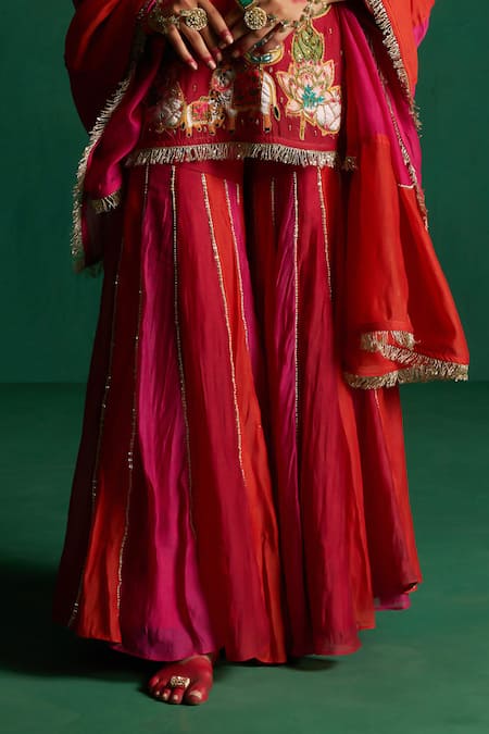 Hirika & Dhruti Red Silk, Chiffon Embroidery, Two Tone Pichwai Patchwork Kurta Sharara Set at Aza Fashions Hirika & Dhruti_Red Silk, Chiffon Embroidery, Two Tone Pichwai Patchwork Kurta Sharara Set _at_Aza_Fashions