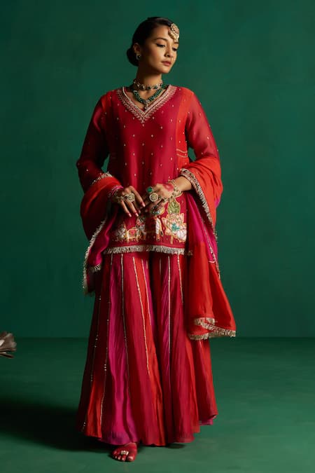 Buy Hirika & Dhruti Red Silk, Chiffon Embroidery, Two Tone Pichwai Patchwork Kurta Sharara Set Buy_Hirika & Dhruti_Red Silk, Chiffon Embroidery, Two Tone Pichwai Patchwork Kurta Sharara Set