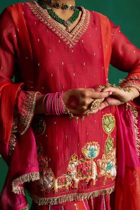 Shop Hirika & Dhruti Red Silk, Chiffon Embroidery, Two Tone Pichwai Patchwork Kurta Sharara Set Shop_Hirika & Dhruti_Red Silk, Chiffon Embroidery, Two Tone Pichwai Patchwork Kurta Sharara Set