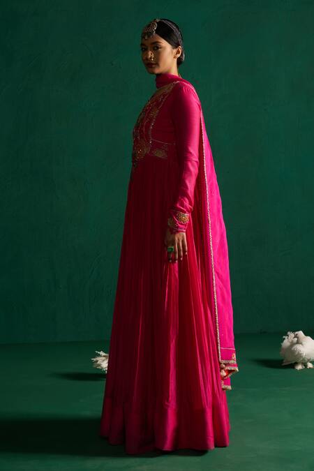 Hirika & Dhruti Pink Cotton Embroidery Split V-neck Patchwork Anarkali Set Online at Aza Fashions Hirika & Dhruti_Pink Cotton Embroidery Split V-neck Patchwork Anarkali Set _Online_at_Aza_Fashions