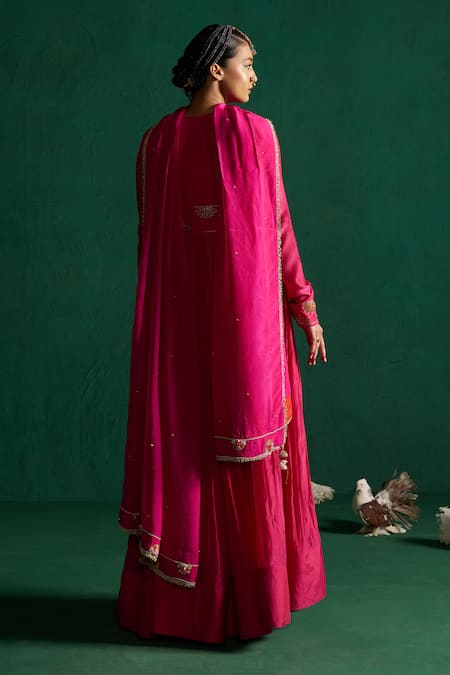 Shop Hirika & Dhruti Pink Cotton Embroidery Split V-neck Patchwork Anarkali Set at Aza Fashions Shop_Hirika & Dhruti_Pink Cotton Embroidery Split V-neck Patchwork Anarkali Set _at_Aza_Fashions