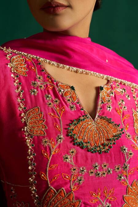 Buy Hirika & Dhruti Pink Cotton Embroidery Split V-neck Patchwork Anarkali Set Online at Aza Fashions Buy_Hirika & Dhruti_Pink Cotton Embroidery Split V-neck Patchwork Anarkali Set _Online_at_Aza_Fashions