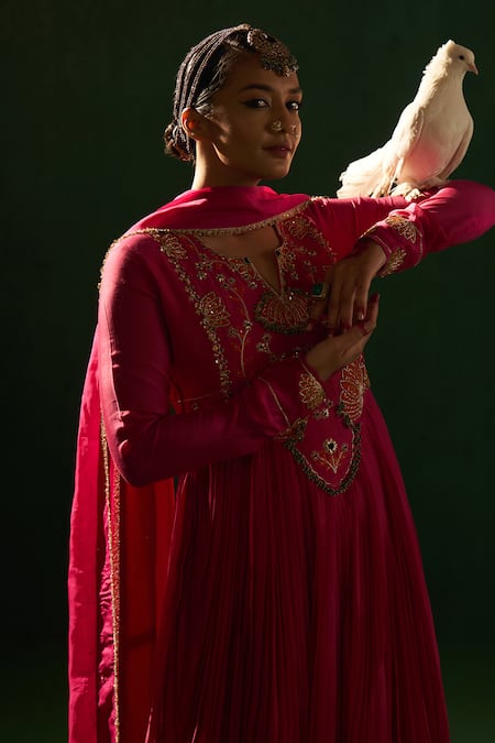 Shop Hirika & Dhruti Pink Cotton Embroidery Split V-neck Patchwork Anarkali Set Online at Aza Fashions Shop_Hirika & Dhruti_Pink Cotton Embroidery Split V-neck Patchwork Anarkali Set _Online_at_Aza_Fashions