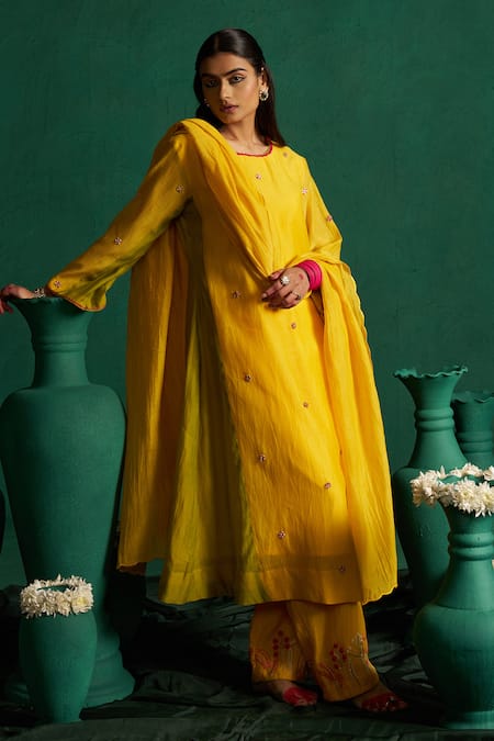 Hirika & Dhruti Yellow Chanderi Embroidery Round Neck Thread Kurta Set Online at Aza Fashions Hirika & Dhruti_Yellow Chanderi Embroidery Round Neck Thread Kurta Set _Online_at_Aza_Fashions