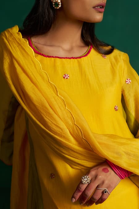 Buy Hirika & Dhruti Yellow Chanderi Embroidery Round Neck Thread Kurta Set Online at Aza Fashions Buy_Hirika & Dhruti_Yellow Chanderi Embroidery Round Neck Thread Kurta Set _Online_at_Aza_Fashions