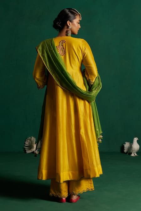 Shop Hirika & Dhruti Yellow Cotton Embroidery, Tassels Round Neck Hand Dori Work Anarkali Set at Aza Fashions Shop_Hirika & Dhruti_Yellow Cotton Embroidery, Tassels Round Neck Hand Dori Work Anarkali Set _at_Aza_Fashions