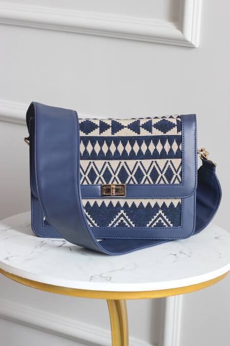 Buy_Boxwish By Bhumika_Blue Jacquard Abstract Pattern Sling Bag_Online_at_Aza_Fashions