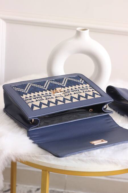 Shop_Boxwish By Bhumika_Blue Jacquard Abstract Pattern Sling Bag_Online_at_Aza_Fashions