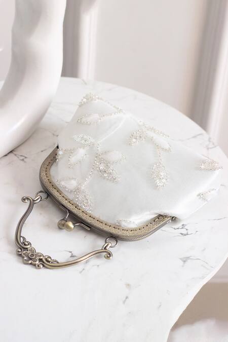Buy_Boxwish By Bhumika_White Embroidery, Sequins Embellished Floral Vintage Frame Clutch _Online_at_Aza_Fashions