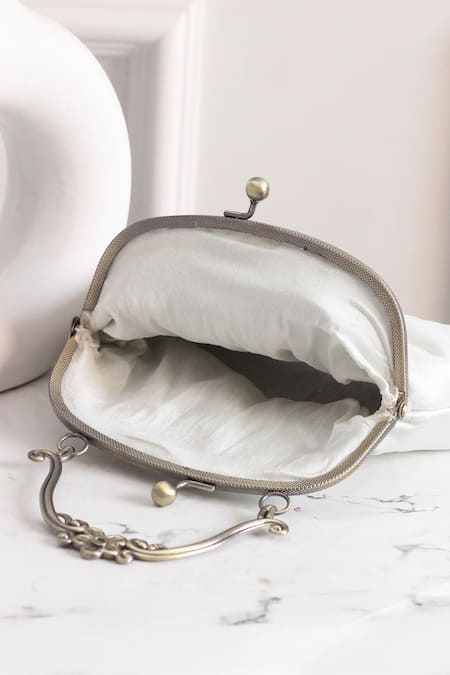 Shop_Boxwish By Bhumika_White Embroidery, Sequins Embellished Floral Vintage Frame Clutch _Online_at_Aza_Fashions