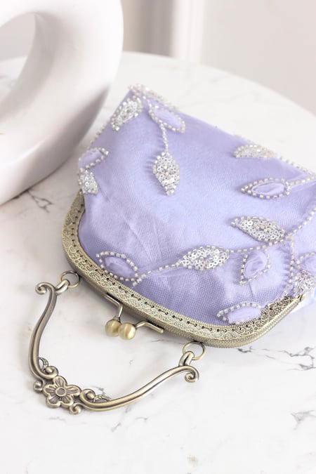 Shop_Boxwish By Bhumika_Lilac Embroidery, Sequins Embellished Floral Vintage Frame Clutch Bag _Online_at_Aza_Fashions