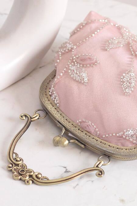 Shop_Boxwish By Bhumika_Peach Embroidery, Beads Embellished Floral Vintage Frame Clutch _Online_at_Aza_Fashions