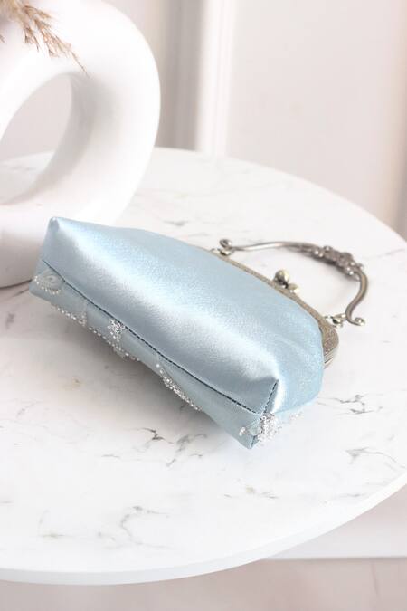 Boxwish By Bhumika_Blue Embroidery, Beads Embellished Floral Vintage Frame Clutch _Online_at_Aza_Fashions