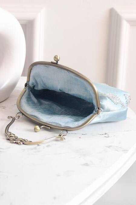 Buy_Boxwish By Bhumika_Blue Embroidery, Beads Embellished Floral Vintage Frame Clutch _Online_at_Aza_Fashions