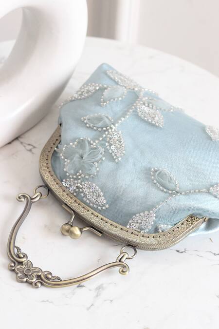 Shop_Boxwish By Bhumika_Blue Embroidery, Beads Embellished Floral Vintage Frame Clutch _Online_at_Aza_Fashions