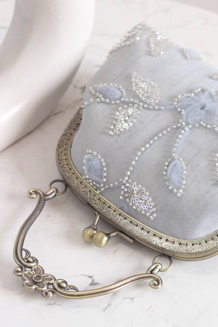 Shop_Boxwish By Bhumika_Gray Embroidery, Sequins Embellished Floral Vintage Frame Clutch _Online_at_Aza_Fashions