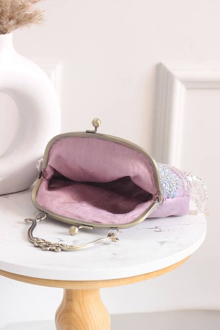 Boxwish By Bhumika_Purple Embroidery, Fringe Embellished Floral Clutch Bag _Online_at_Aza_Fashions
