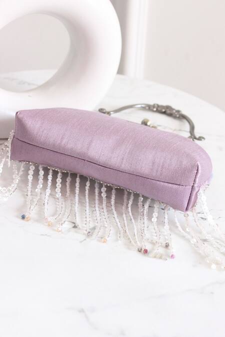 Buy_Boxwish By Bhumika_Purple Embroidery, Fringe Embellished Floral Clutch Bag _Online_at_Aza_Fashions