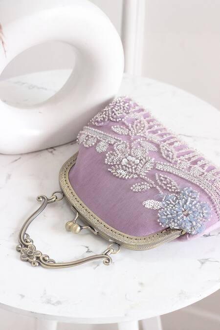 Shop_Boxwish By Bhumika_Purple Embroidery, Fringe Embellished Floral Clutch Bag _Online_at_Aza_Fashions