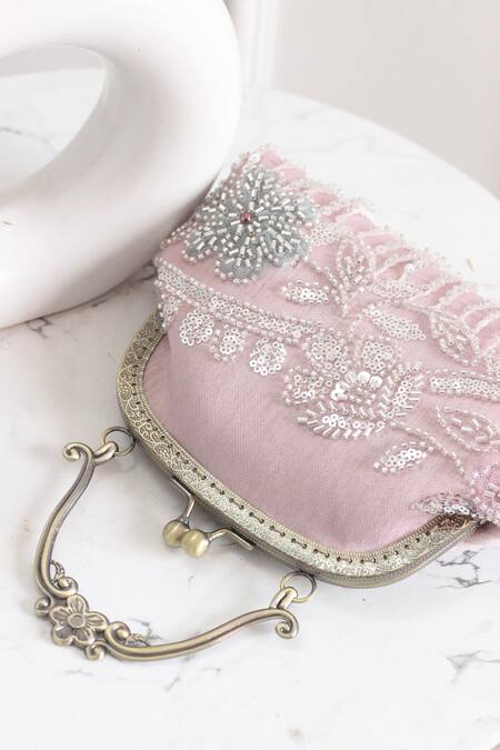 Buy_Boxwish By Bhumika_Mauve Embroidery, Fringe Embellished Floral Clutch Bag _Online_at_Aza_Fashions