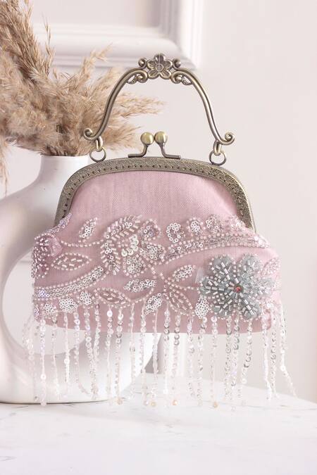 Shop_Boxwish By Bhumika_Mauve Embroidery, Fringe Embellished Floral Clutch Bag _Online_at_Aza_Fashions