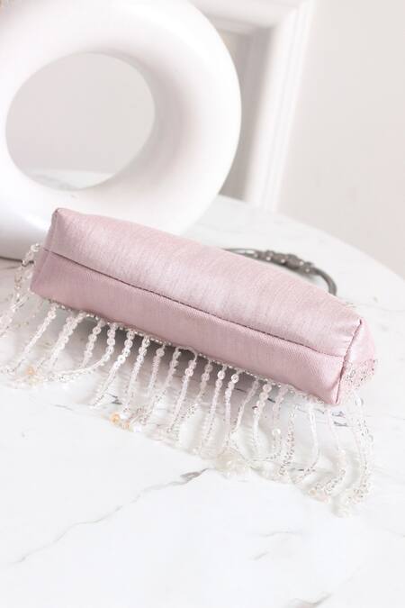 Boxwish By Bhumika_Mauve Embroidery, Fringe Embellished Floral Clutch Bag _at_Aza_Fashions