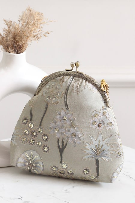 Shop Boxwish By Bhumika Mint Embroidery, Beads Embellished Floral Vintage Frame Clutch at Aza Fashions Shop_Boxwish By Bhumika_Mint Embroidery, Beads Embellished Floral Vintage Frame Clutch _at_Aza_Fashions