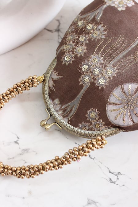 Boxwish By Bhumika_Brown Embroidery, Beads Embellished Floral Vintage Frame Clutch _Online_at_Aza_Fashions