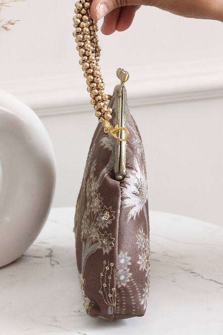 Buy_Boxwish By Bhumika_Brown Embroidery, Beads Embellished Floral Vintage Frame Clutch _Online_at_Aza_Fashions