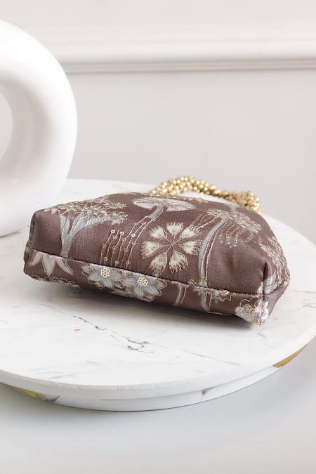 Shop_Boxwish By Bhumika_Brown Embroidery, Beads Embellished Floral Vintage Frame Clutch _Online_at_Aza_Fashions