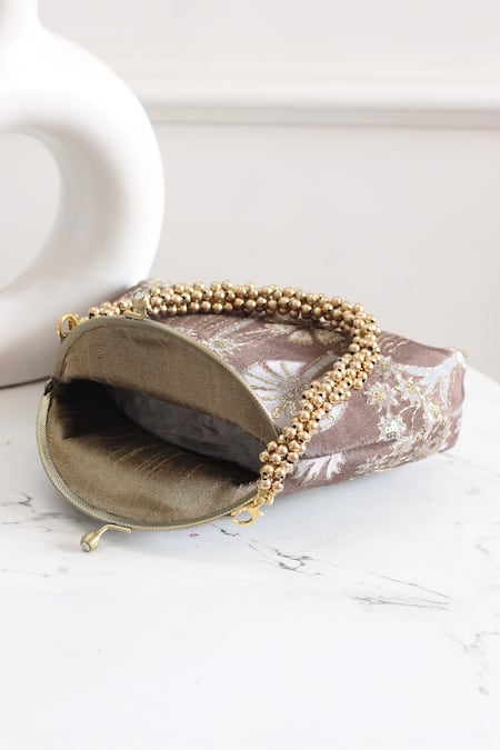 Boxwish By Bhumika_Brown Embroidery, Beads Embellished Floral Vintage Frame Clutch _at_Aza_Fashions