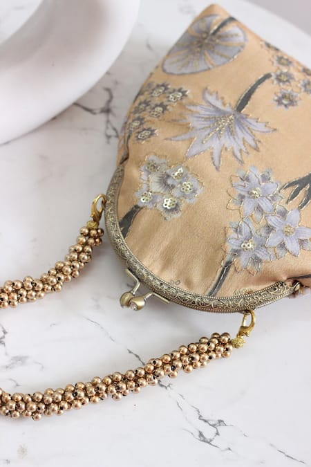Boxwish By Bhumika_Yellow Embroidery, Sequins Embellished Floral Vintage Frame Clutch _Online_at_Aza_Fashions