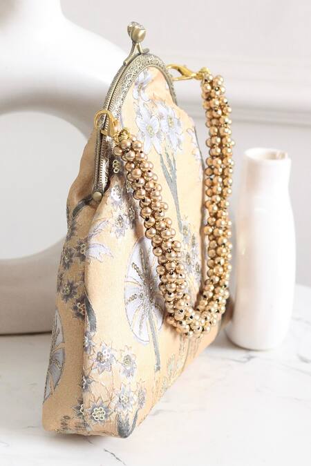 Buy_Boxwish By Bhumika_Yellow Embroidery, Sequins Embellished Floral Vintage Frame Clutch _Online_at_Aza_Fashions