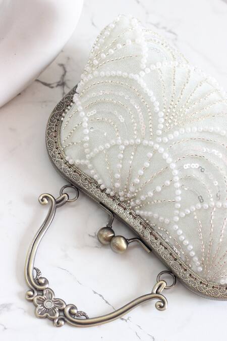 Boxwish By Bhumika_White Pearls Embellished Vintage Frame Clutch _Online_at_Aza_Fashions