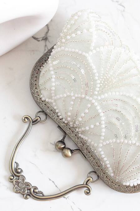 Buy_Boxwish By Bhumika_White Pearls Embellished Vintage Frame Clutch _Online_at_Aza_Fashions