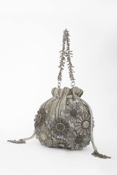 Doux Amour_Silver Embroidery, Beads Floral Embellished Potli Bag _Online_at_Aza_Fashions