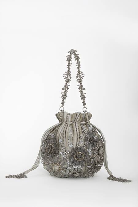 Buy_Doux Amour_Silver Embroidery, Beads Floral Embellished Potli Bag _Online_at_Aza_Fashions