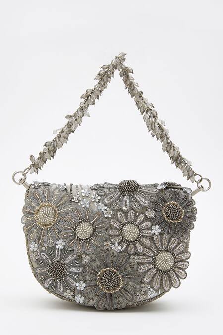 Doux Amour_Silver Embroidery, Beads Floral Designer Handbag _Online_at_Aza_Fashions
