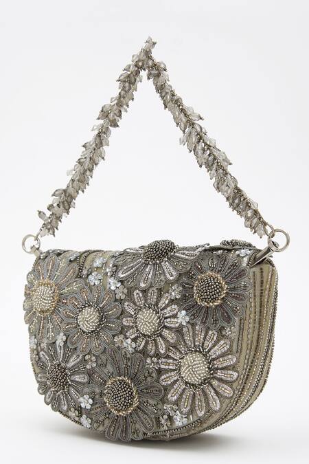 Buy_Doux Amour_Silver Embroidery, Beads Floral Designer Handbag _Online_at_Aza_Fashions