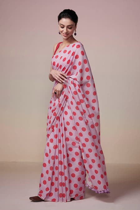 Dressfolk_Lavender Cotton Red Polka Dot Printed Saree With Unstitched Blouse Fabric _Online_at_Aza_Fashions