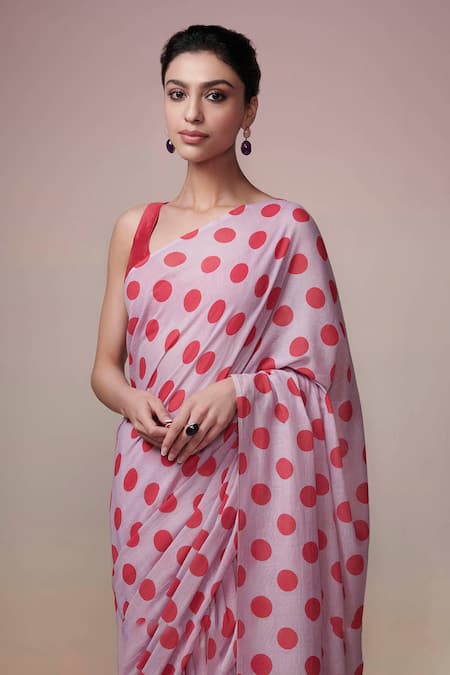 Buy_Dressfolk_Lavender Cotton Red Polka Dot Printed Saree With Unstitched Blouse Fabric _Online_at_Aza_Fashions