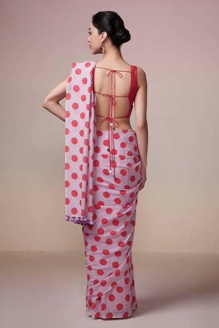 Shop_Dressfolk_Lavender Cotton Red Polka Dot Printed Saree With Unstitched Blouse Fabric _at_Aza_Fashions