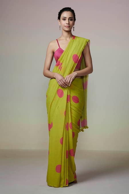 Dressfolk_Lavender Handloom Cotton Pom-poms Polka Dot Saree With Running Blouse _Online_at_Aza_Fashions