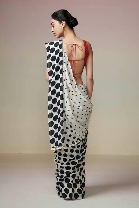 Shop_Dressfolk_Ivory Cotton Polka Dots Printed Handloom Saree With Unstitched Blouse Piece _at_Aza_Fashions