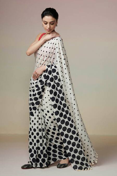 Dressfolk_Ivory Cotton Polka Dots Printed Handloom Saree With Unstitched Blouse Piece _Online_at_Aza_Fashions