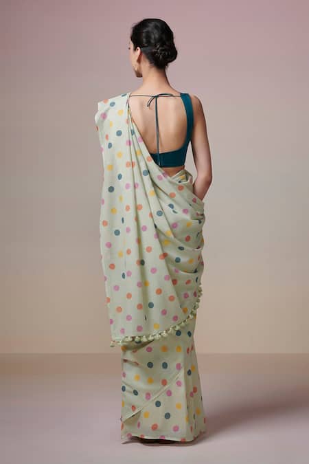 Shop_Dressfolk_Mint Cotton Green Polka Dot Handloom Saree With Unstitched Blouse Piece _at_Aza_Fashions