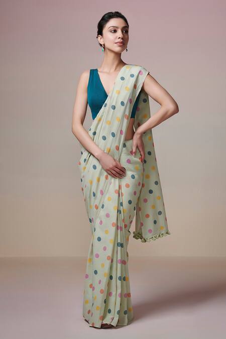 Dressfolk_Mint Cotton Green Polka Dot Handloom Saree With Unstitched Blouse Piece _Online_at_Aza_Fashions